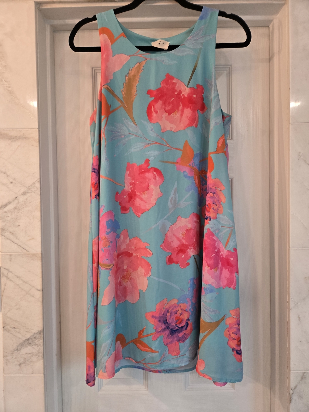 Anthropologie Aqua Floral Sleeveless Shift Dress with Pink Blooms